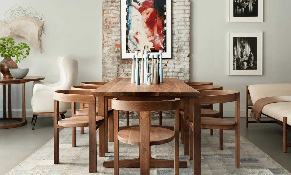 Verellen showrooms at High Point Market featuring wooden dining table